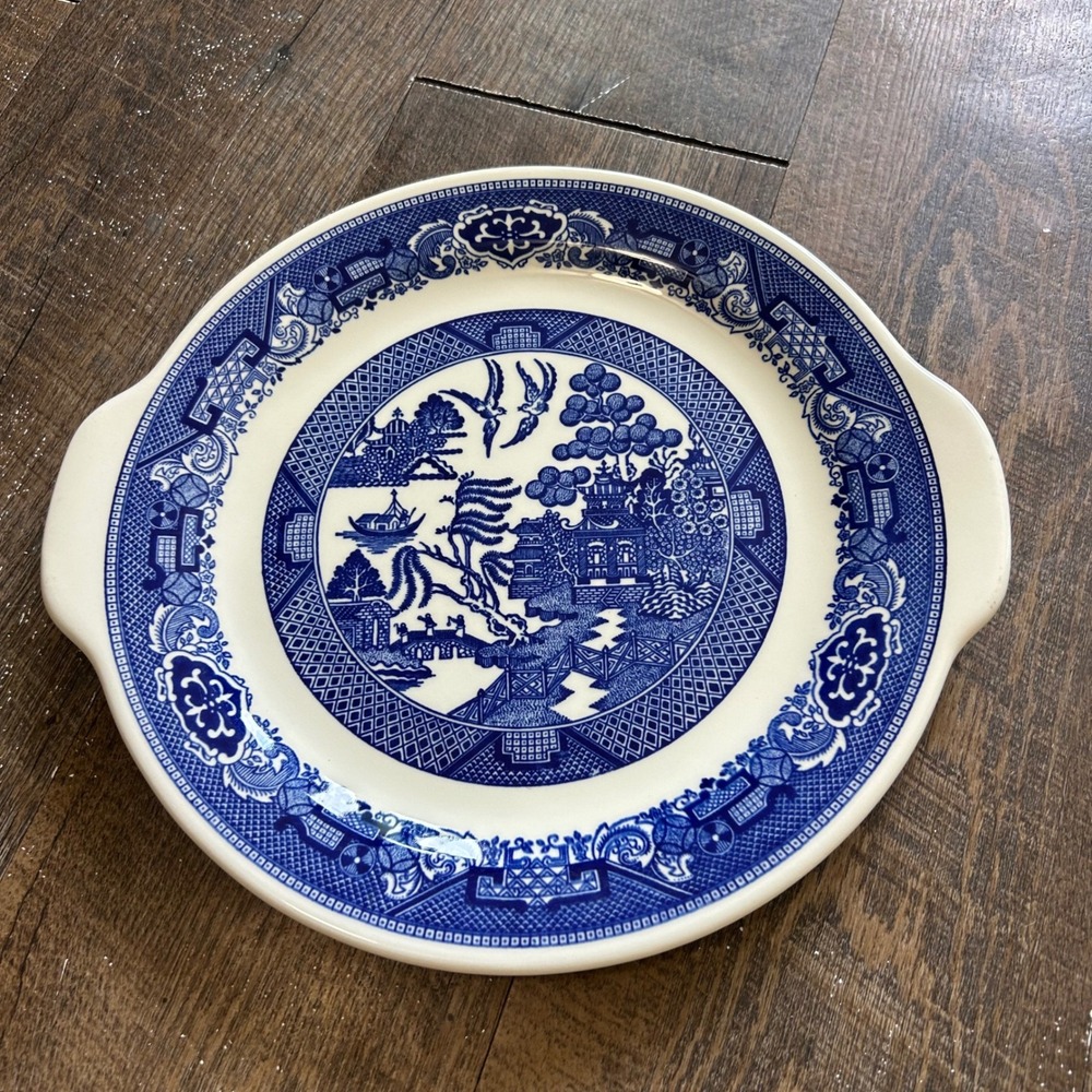 Royal China Willow Ware Blue Willow Ironstone Cake Plate Tab Handles 11 inch